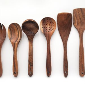 Teak Wood Kitchen Utensils Set – 6 Piece, Sustainable Teak Cooking Utensils, Non-Stick Safe, Heat Resistant Wooden Spoons & Spatulas